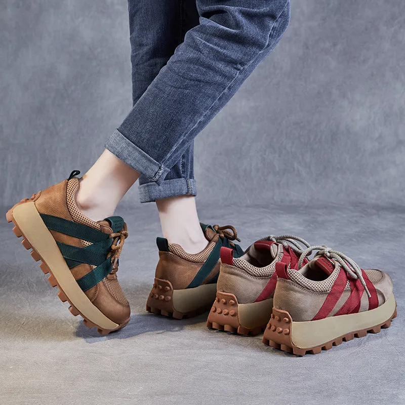 Women Retro Breathable Mesh Leather Thick Soled Shoes