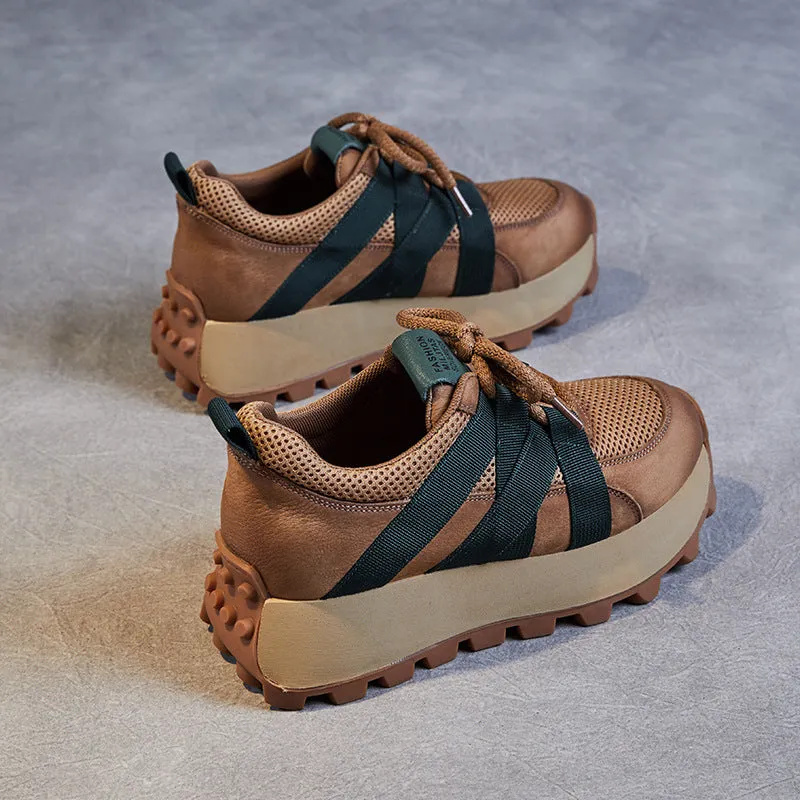 Women Retro Breathable Mesh Leather Thick Soled Shoes