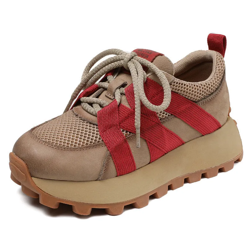 Women Retro Breathable Mesh Leather Thick Soled Shoes