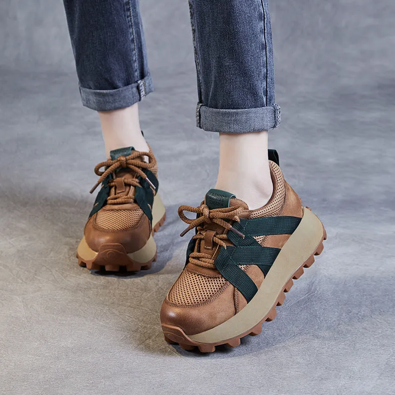 Women Retro Breathable Mesh Leather Thick Soled Shoes