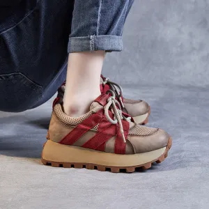 Women Retro Breathable Mesh Leather Thick Soled Shoes
