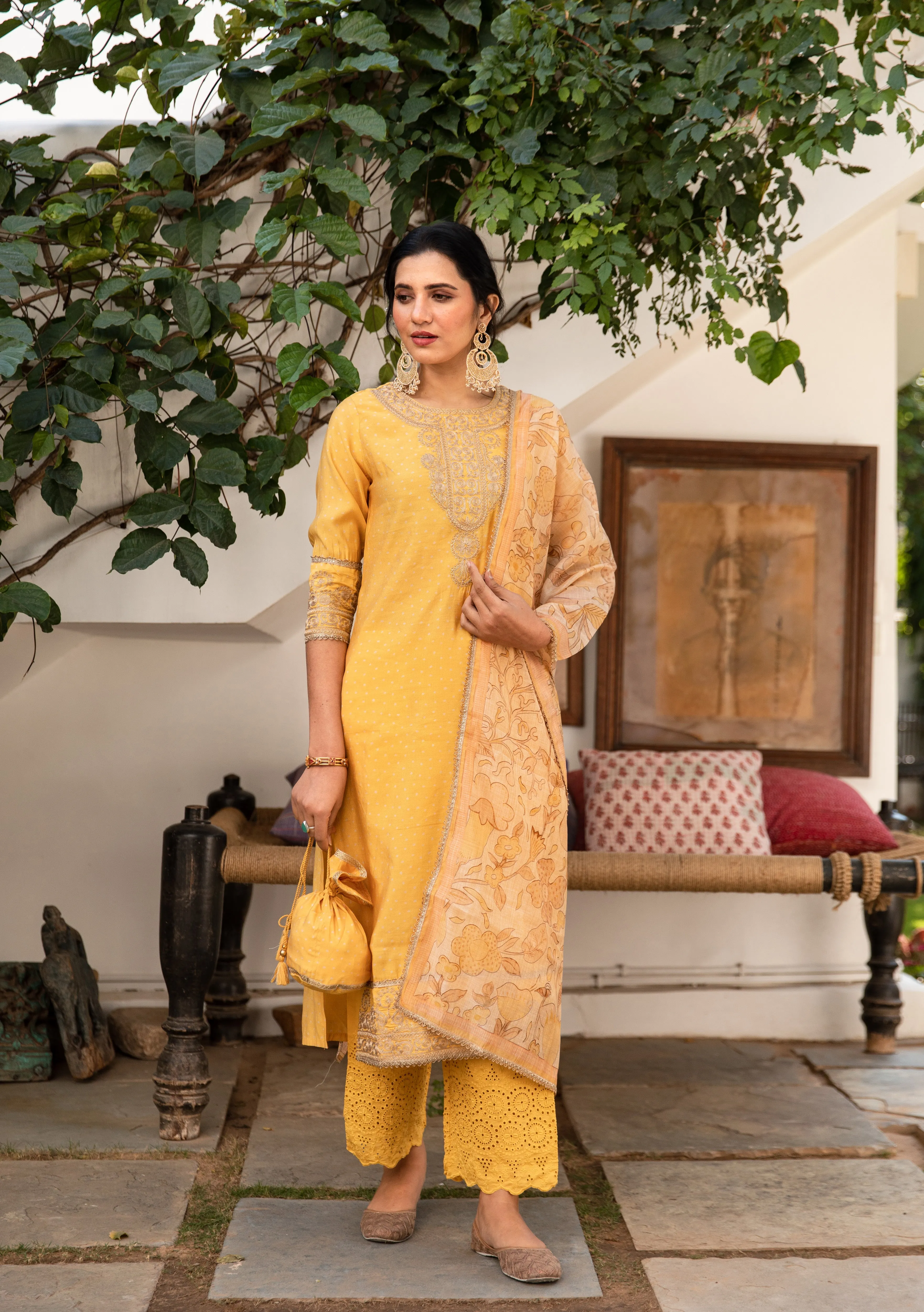 Women Yellow Chanderi Straight  Kurta Palazzo Dupatta & Fancy Potli Set