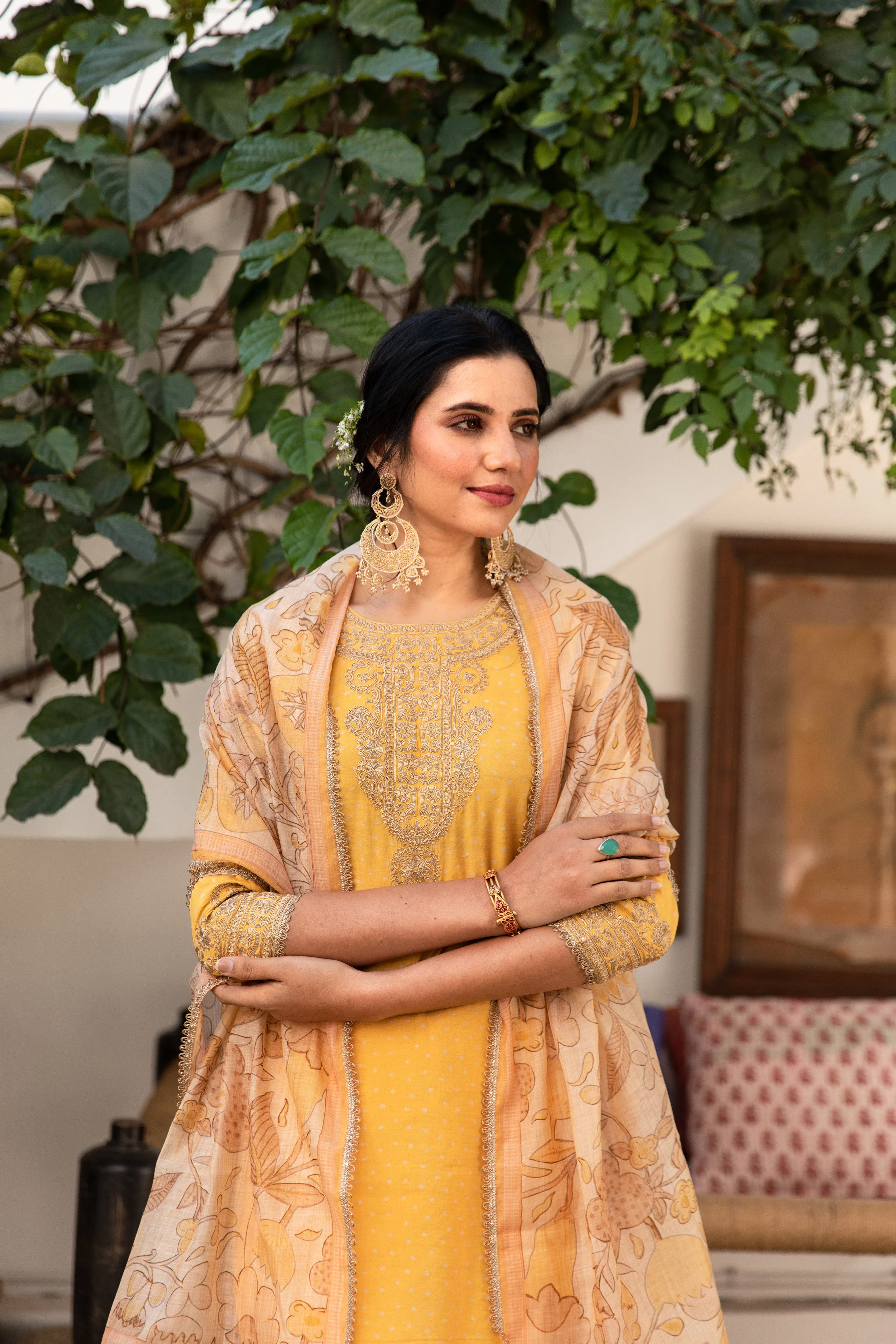 Women Yellow Chanderi Straight  Kurta Palazzo Dupatta & Fancy Potli Set