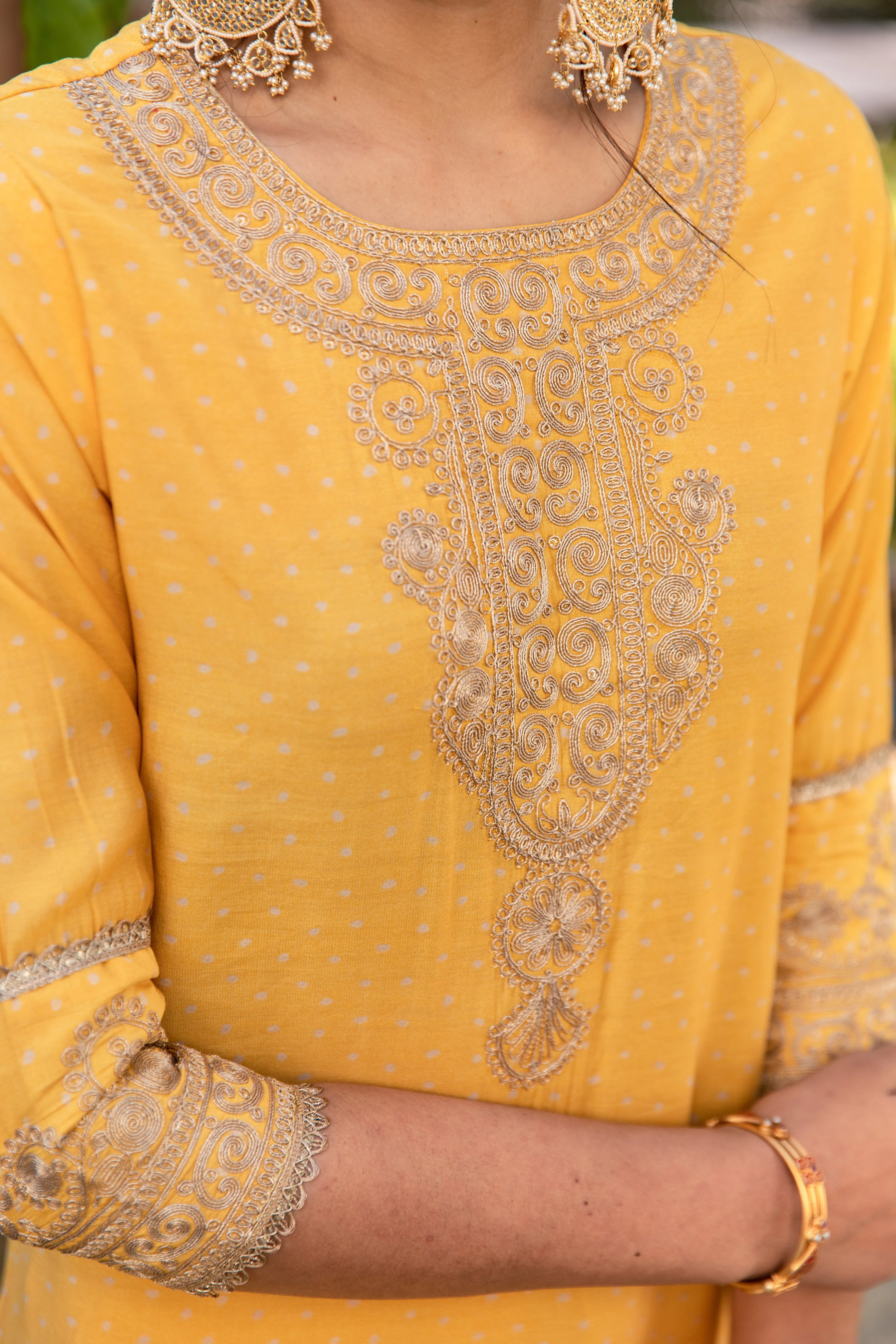 Women Yellow Chanderi Straight  Kurta Palazzo Dupatta & Fancy Potli Set