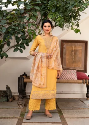 Women Yellow Chanderi Straight  Kurta Palazzo Dupatta & Fancy Potli Set