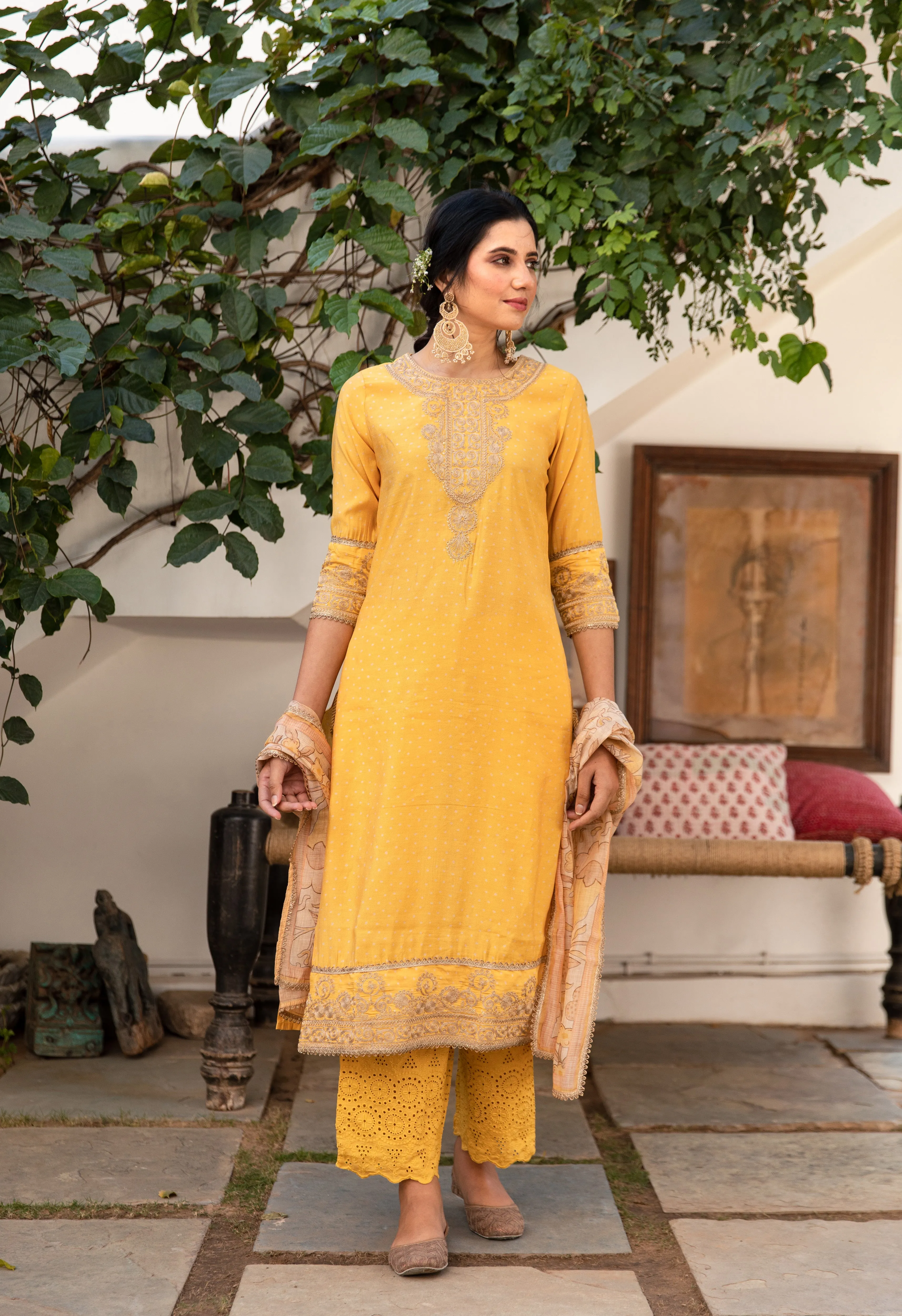 Women Yellow Chanderi Straight  Kurta Palazzo Dupatta & Fancy Potli Set