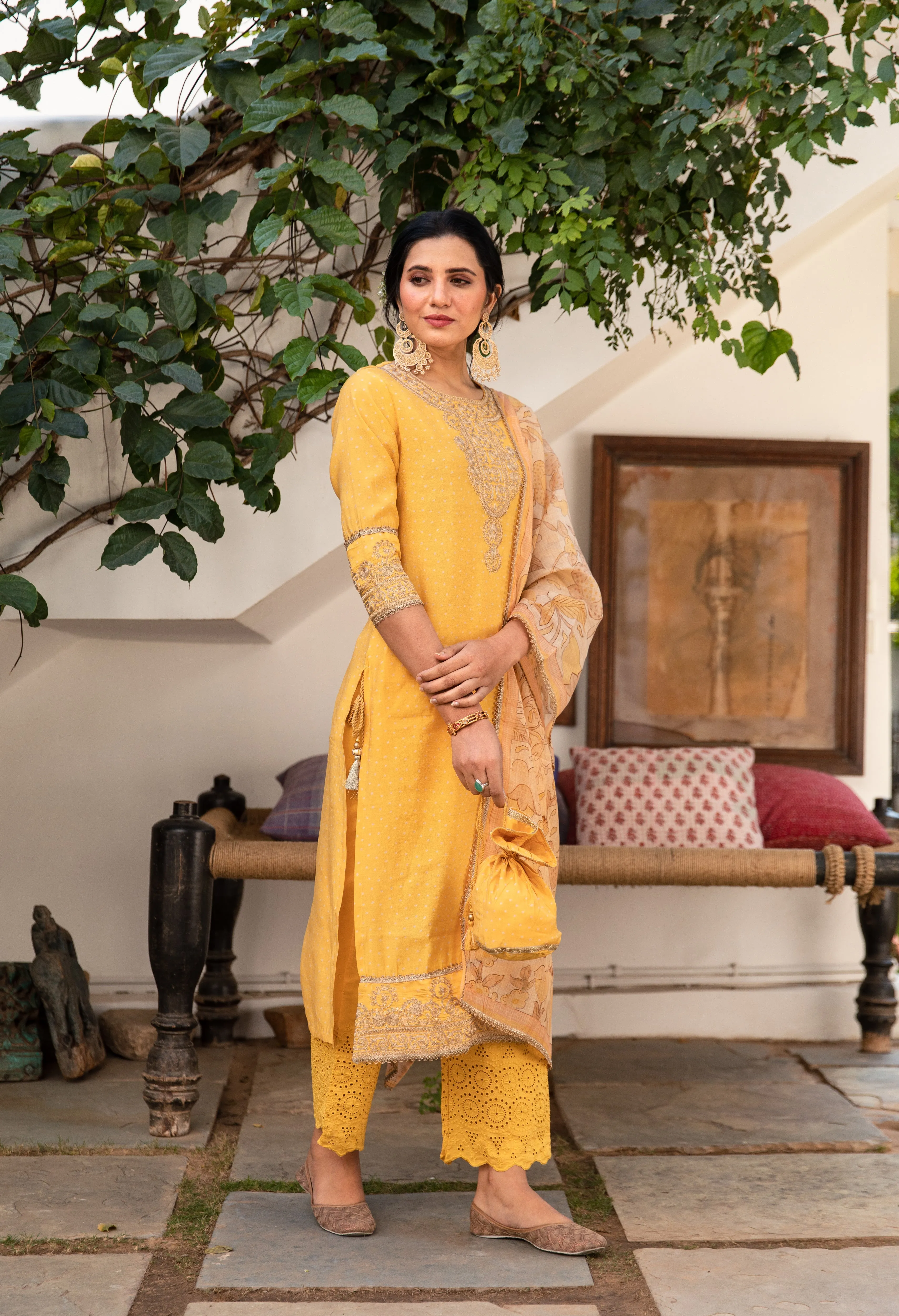 Women Yellow Chanderi Straight  Kurta Palazzo Dupatta & Fancy Potli Set