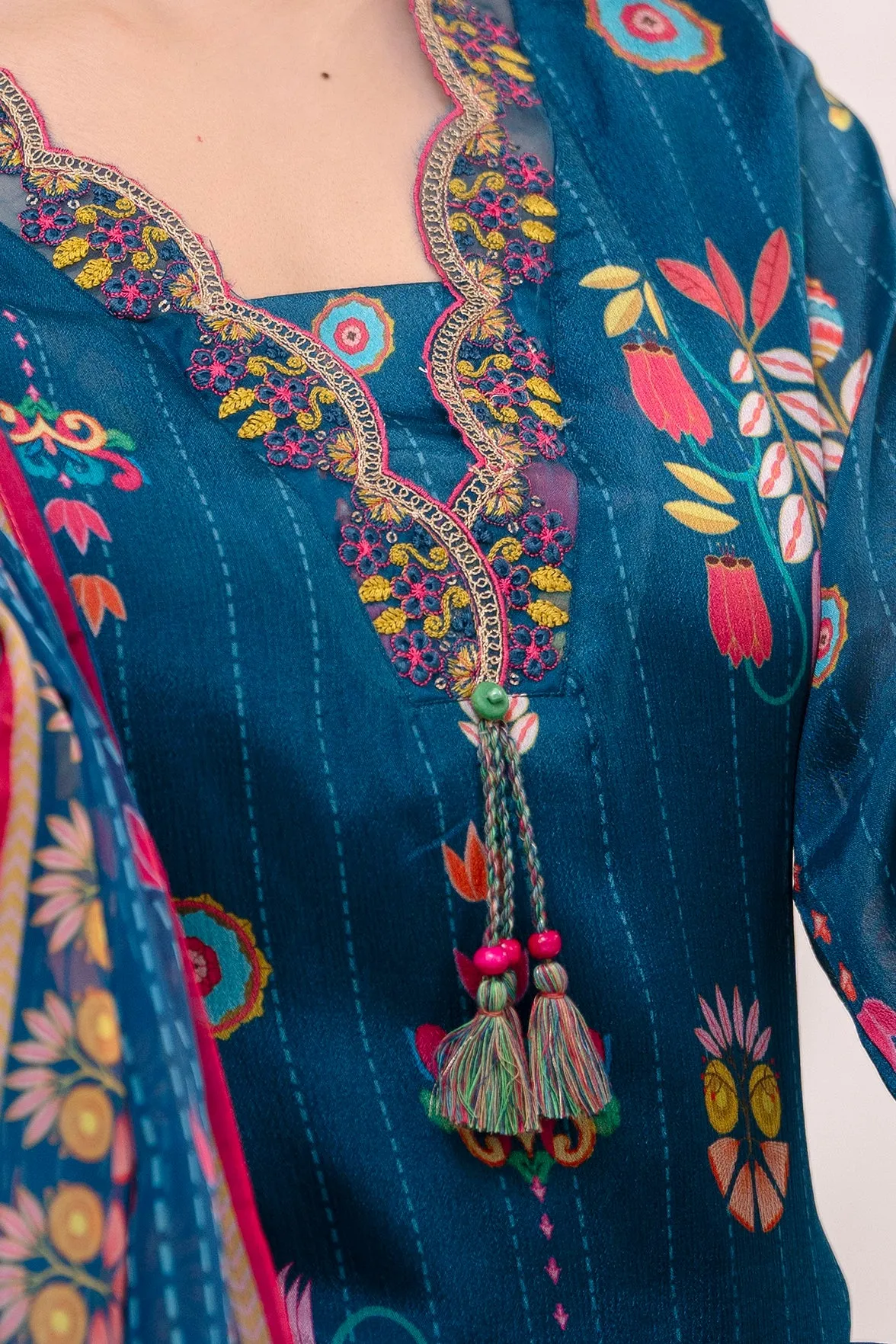 Women's Blue Straight Kurta Pant and Dupatta Set