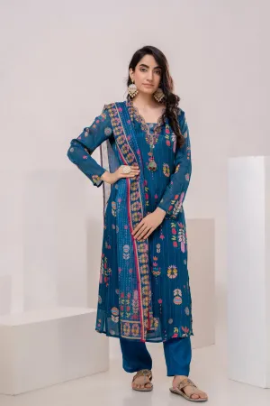 Women's Blue Straight Kurta Pant and Dupatta Set