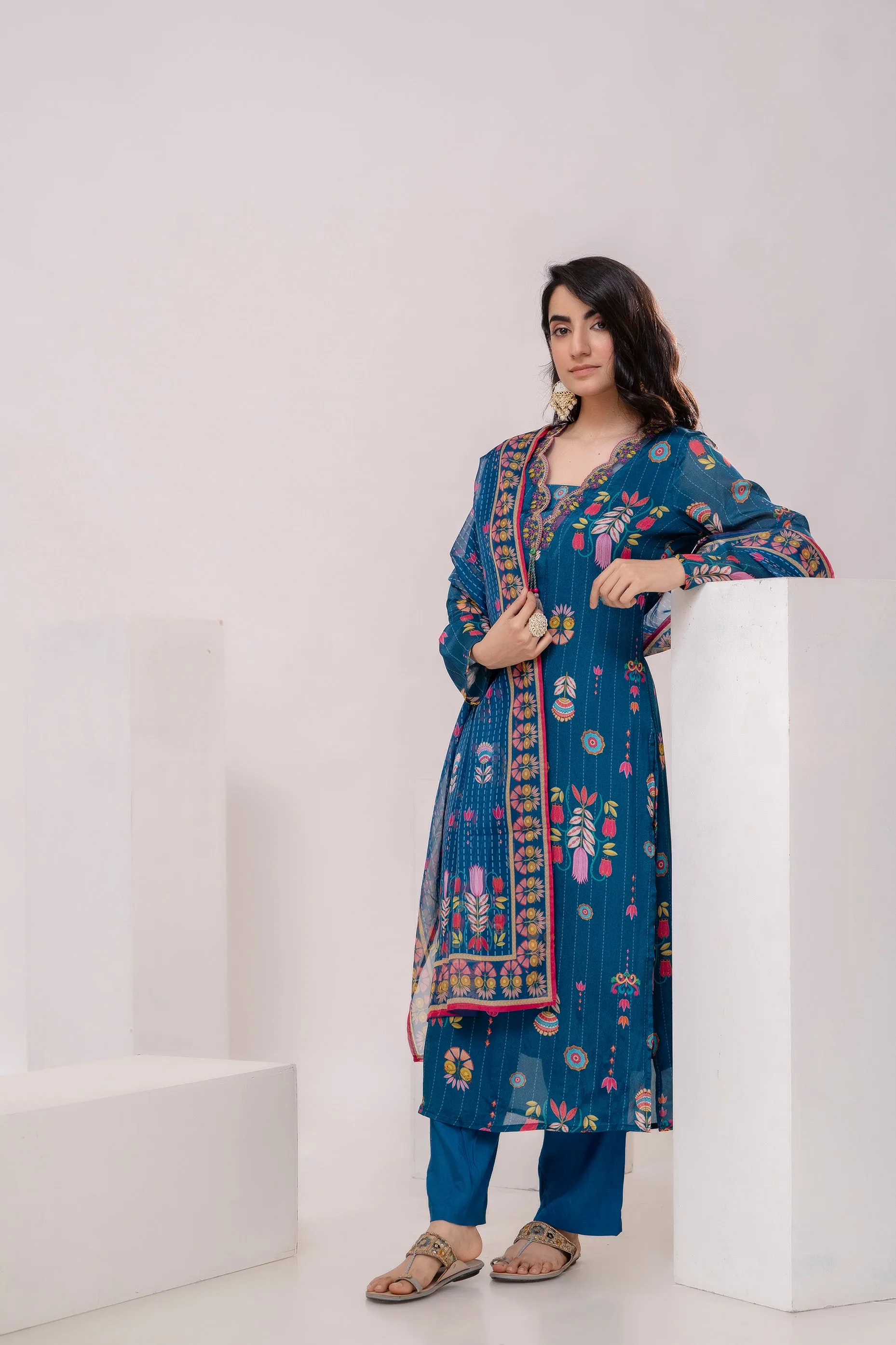 Women's Blue Straight Kurta Pant and Dupatta Set