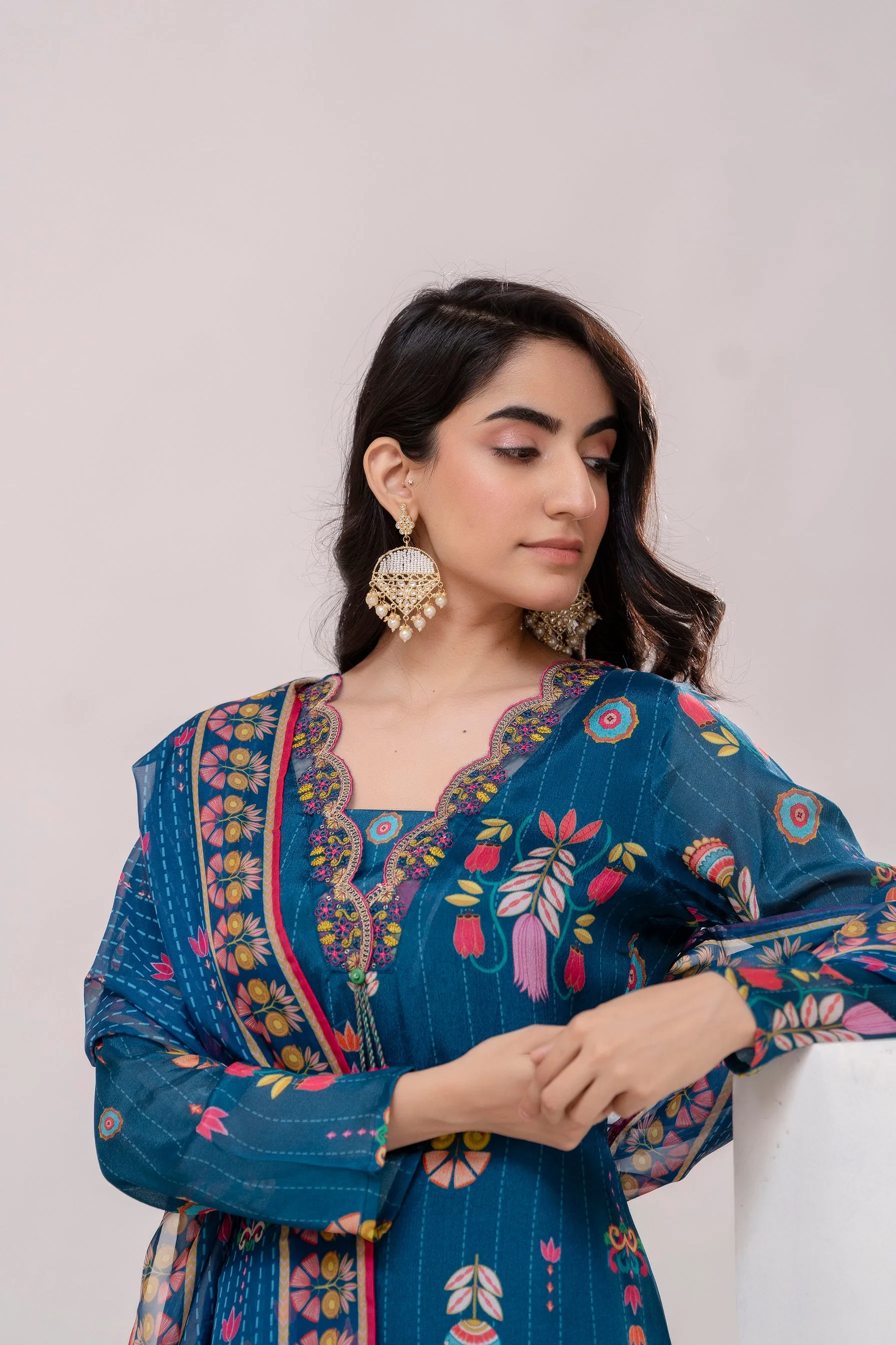Women's Blue Straight Kurta Pant and Dupatta Set