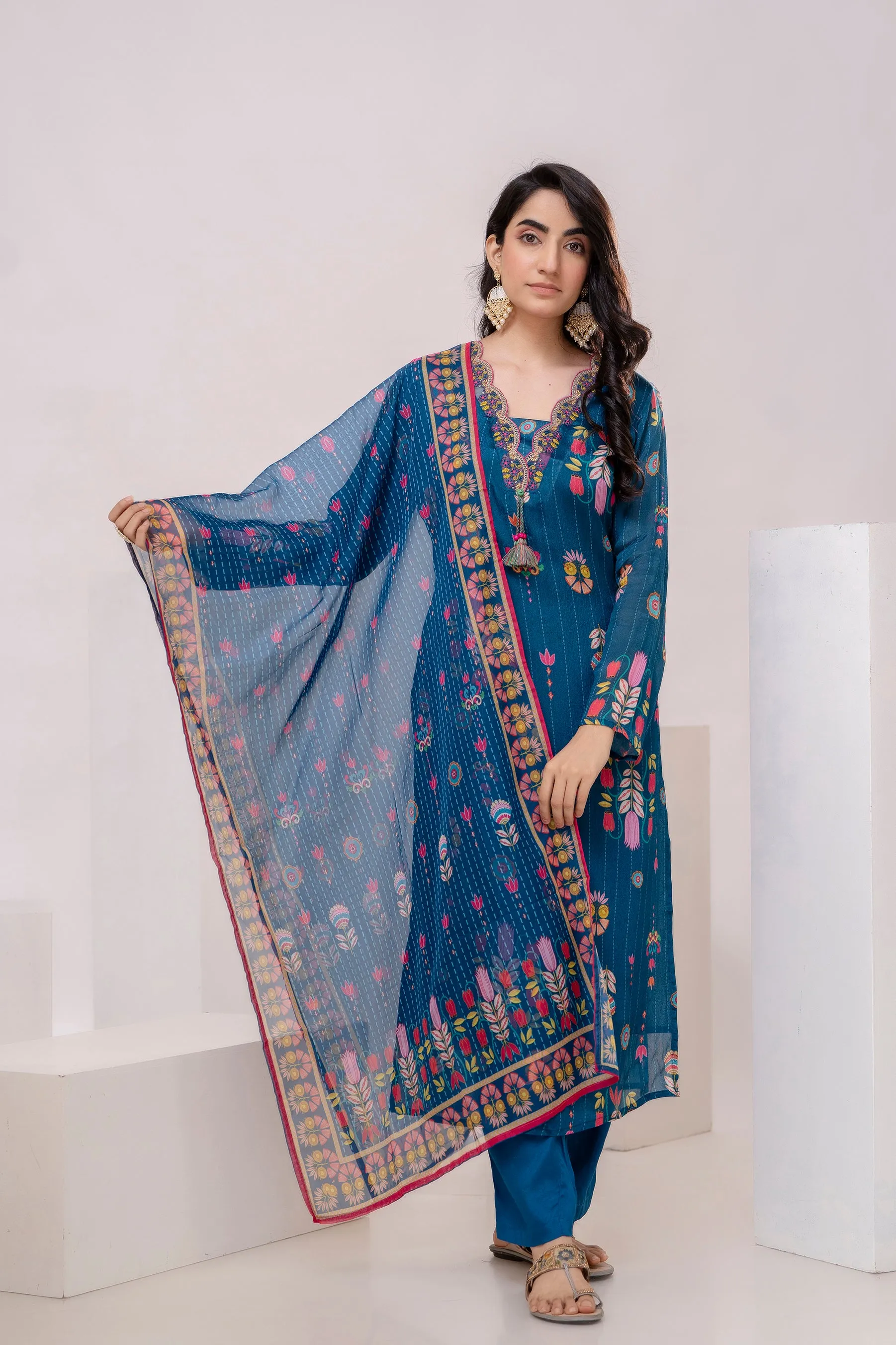 Women's Blue Straight Kurta Pant and Dupatta Set