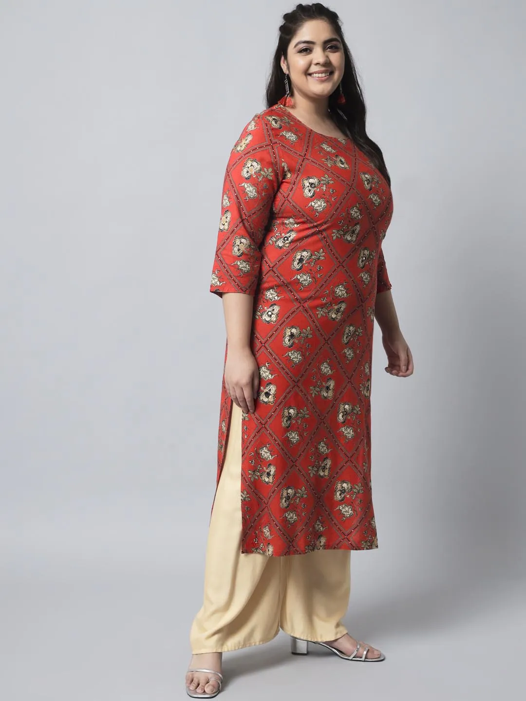 Women's Red Rayon Straight Kurta