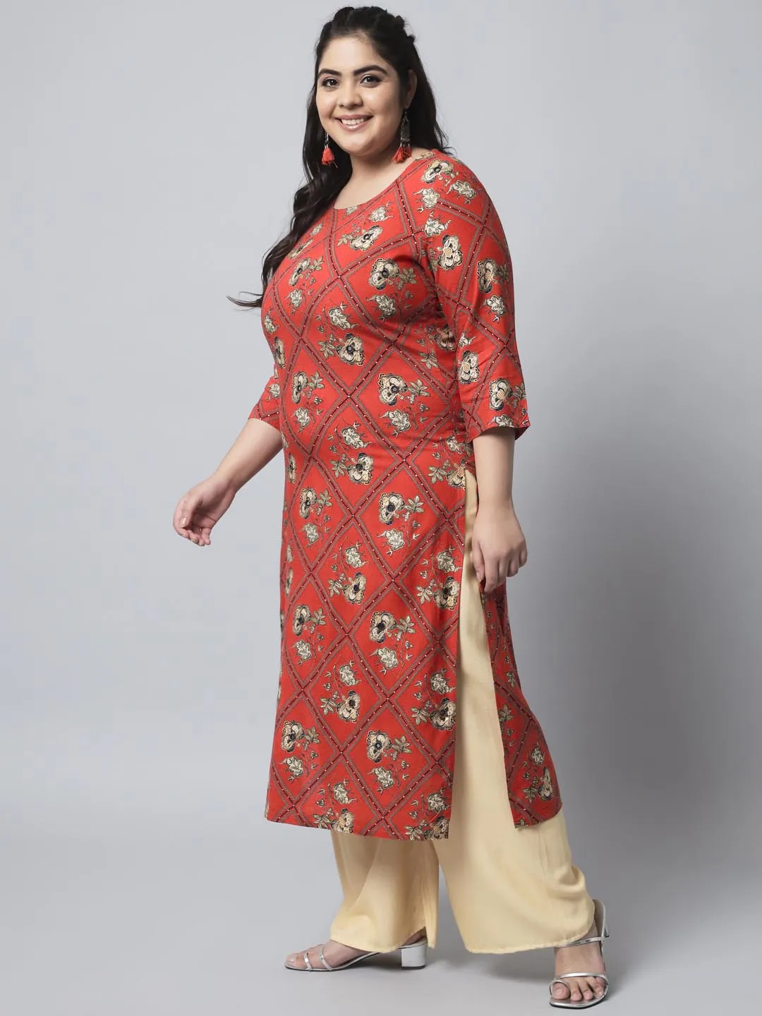 Women's Red Rayon Straight Kurta