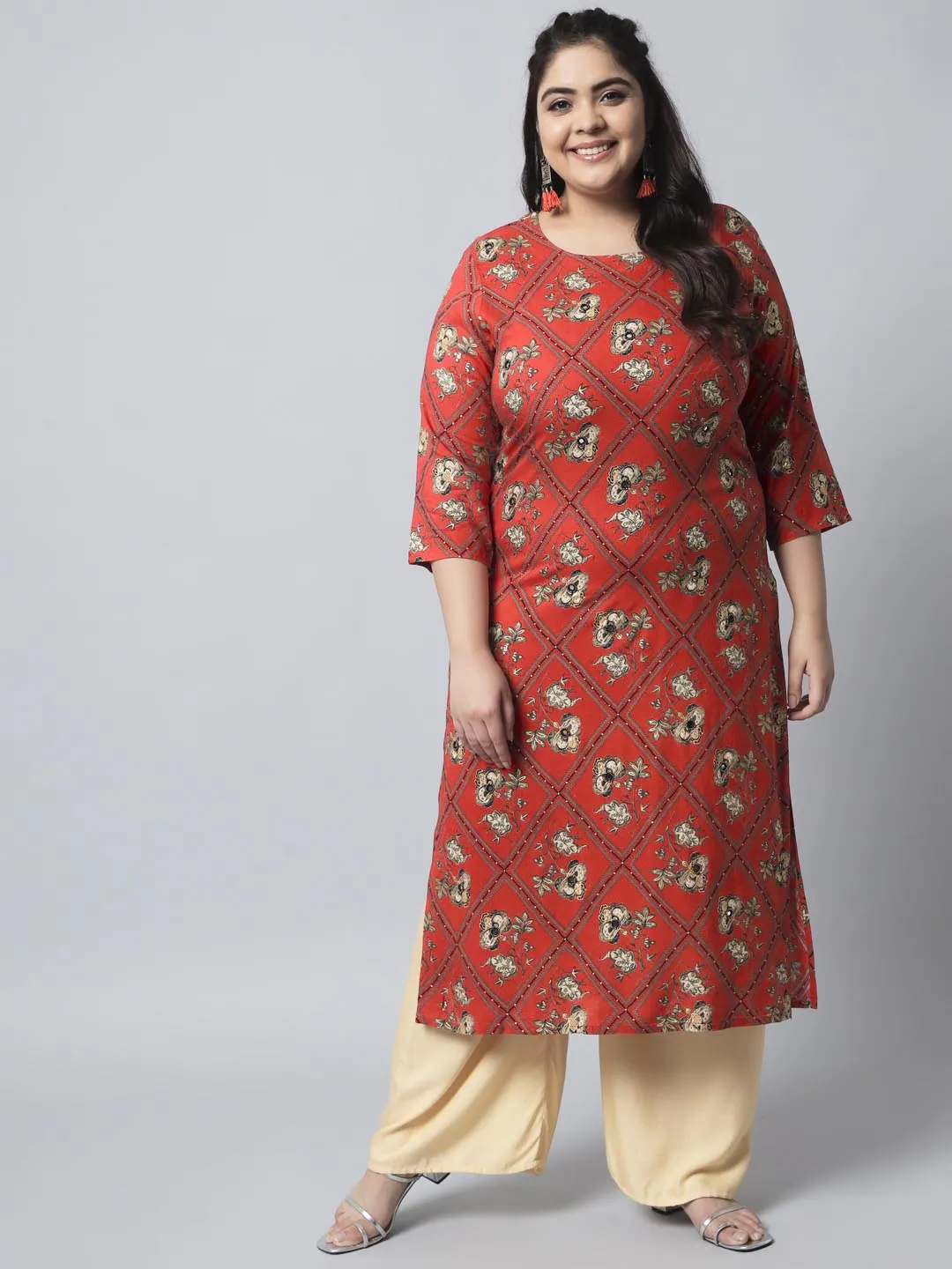 Women's Red Rayon Straight Kurta