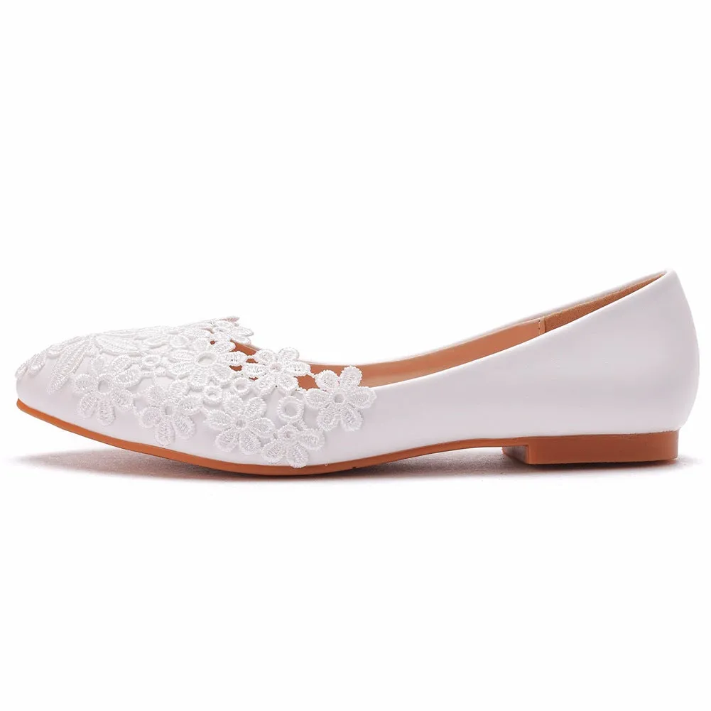 Women's white lace wedding flats | low heel bridal shoes