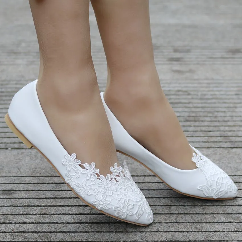 Women's white lace wedding flats | low heel bridal shoes