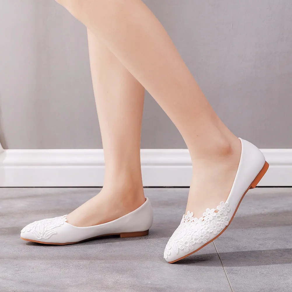 Women's white lace wedding flats | low heel bridal shoes