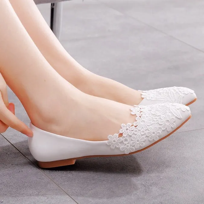 Women's white lace wedding flats | low heel bridal shoes