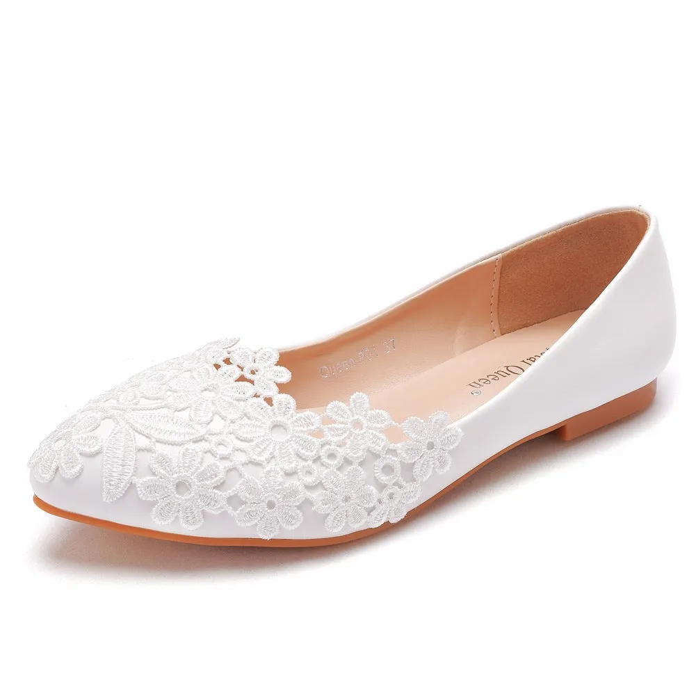 Women's white lace wedding flats | low heel bridal shoes