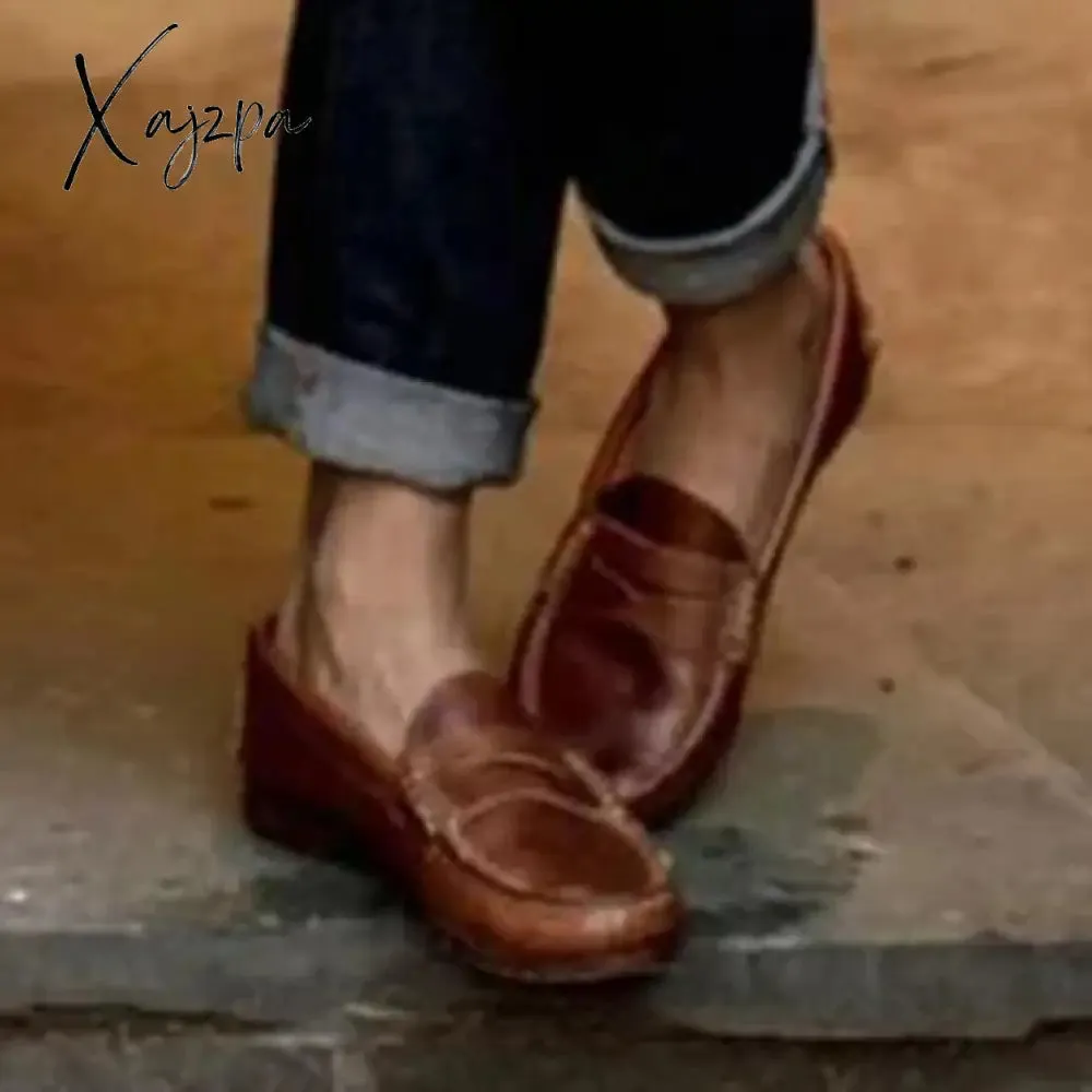 Xajzpa - Women Vintage Slip On Loafers Low Heel Pu Leather Loafers