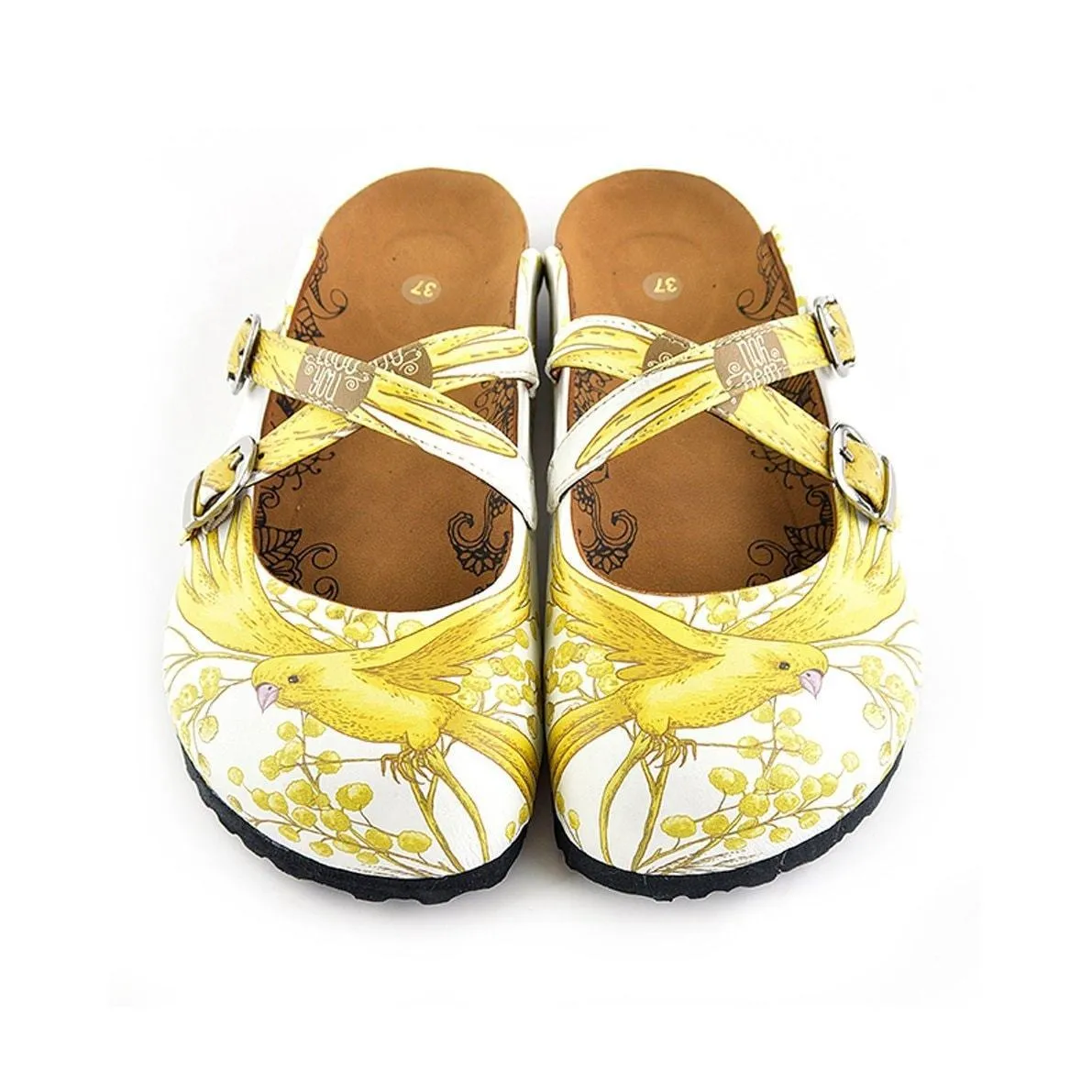Yellow & White Bird Cross-Strap Clogs WCAL135