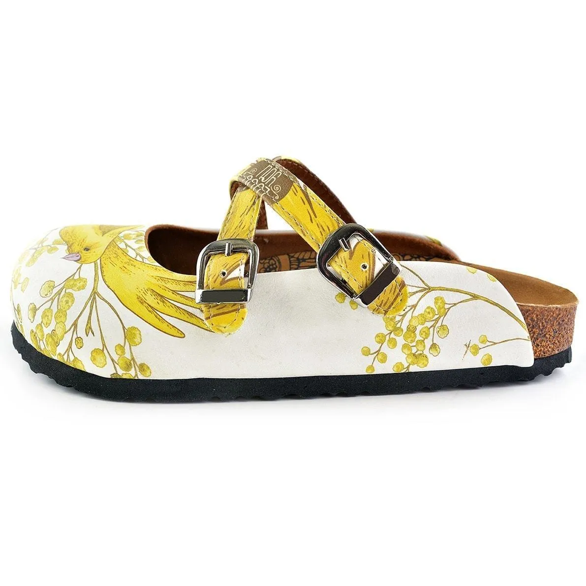 Yellow & White Bird Cross-Strap Clogs WCAL135